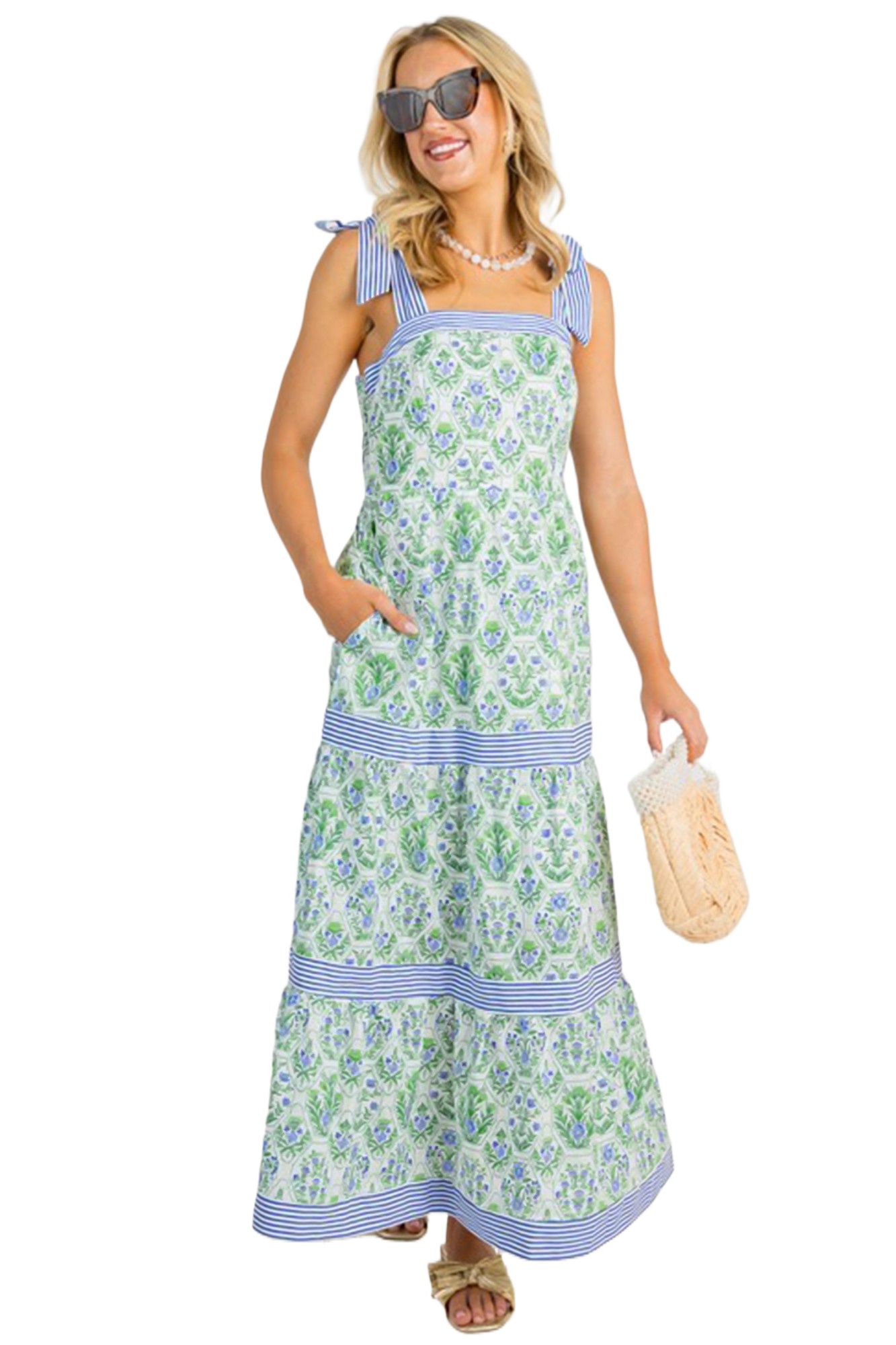 Women's Floral Striped Maxi Dress – Summer Vacation A-Line - Main View Women's Floral Striped Maxi Dress – Summer Vacation A-Line - Main View