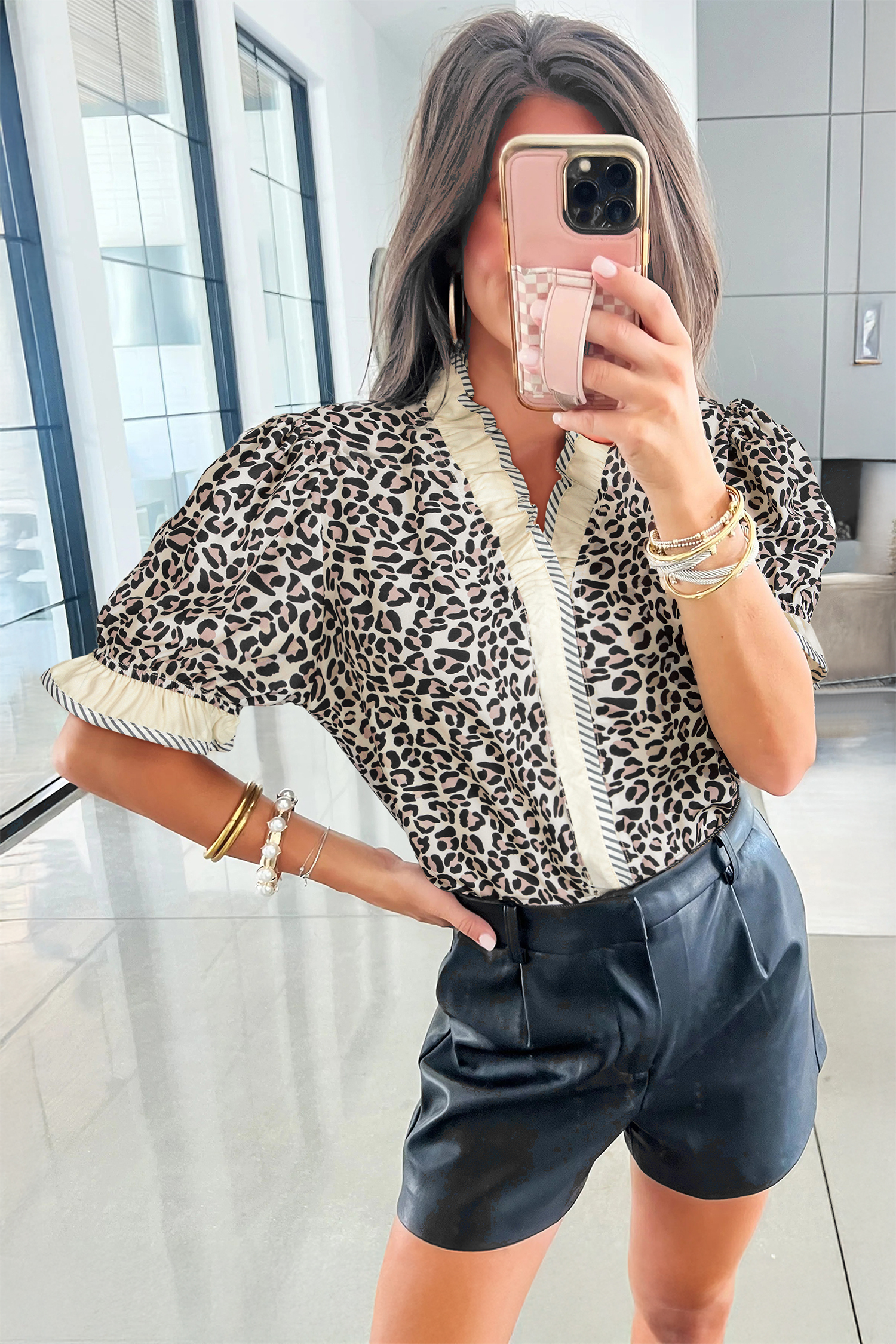 Modern Black Leopard Print Striped Blouse – Versatile V Neck Ruffled Top for Women in Summer - Detail View 3 Modern Black Leopard Print Striped Blouse – Versatile V Neck Ruffled Top for Women in Summer - Detail View 3