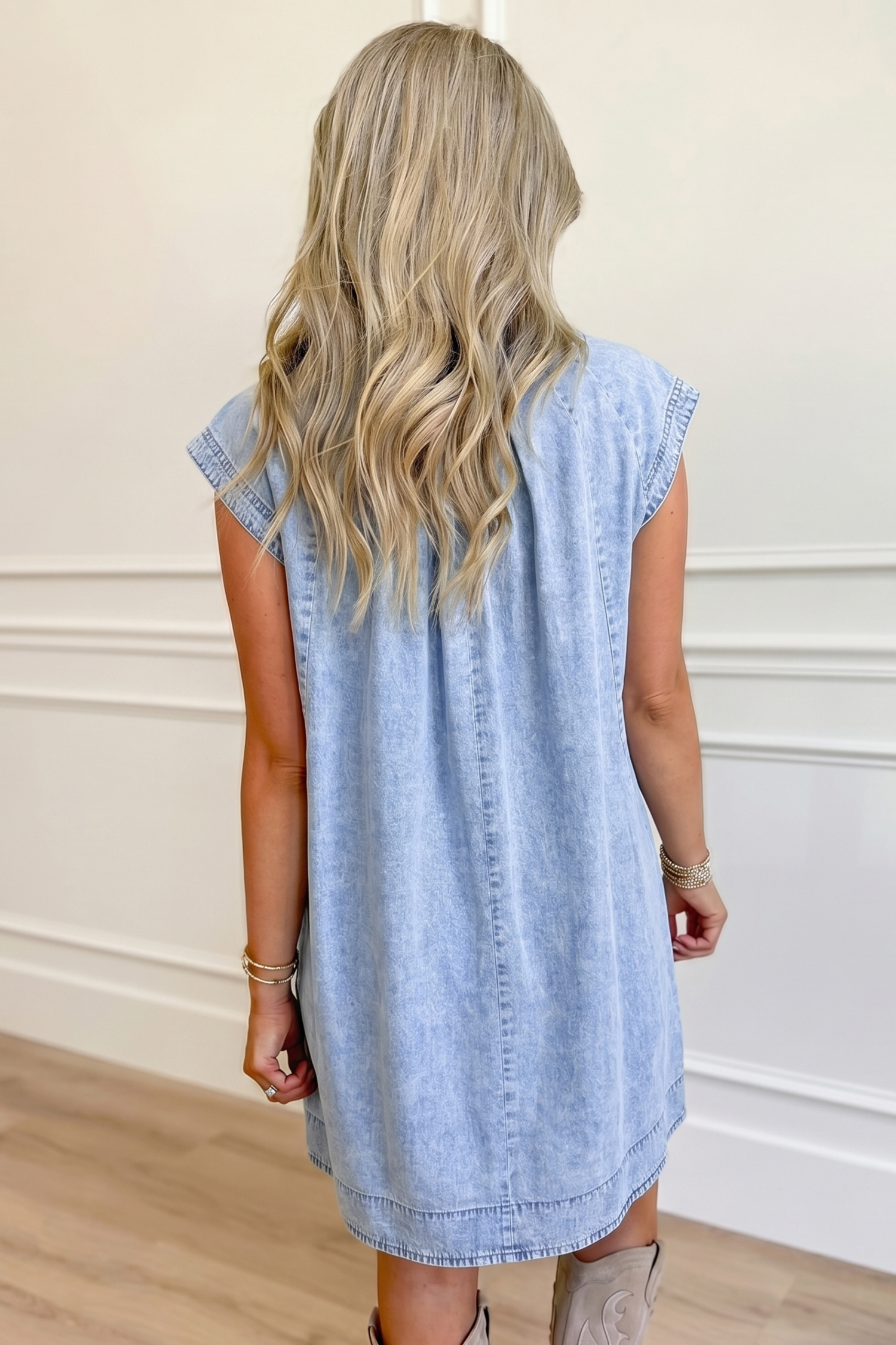 Women's Cap Sleeve Denim Dress – Pleated Casual Shift Dress - Detail View 5 Women's Cap Sleeve Denim Dress – Pleated Casual Shift Dress - Detail View 5