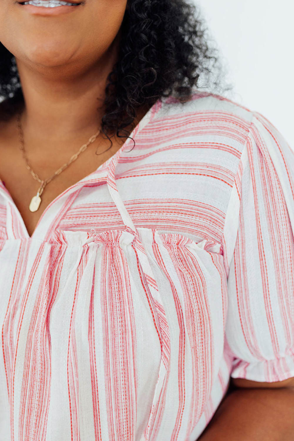 Plus Size Blouse, Pink Stripe, Tassel Tie, Short Sleeve, Puff Sleeves, Ruffled Detail, Casual Style, Feminine, Elegant, Summer Fashion, Daily Wear, Comfortable Top, Shift Silhouette, Trendy Design - Detail View 4 Plus Size Blouse, Pink Stripe, Tassel Tie, Short Sleeve, Puff Sleeves, Ruffled Detail, Casual Style, Feminine, Elegant, Summer Fashion, Daily Wear, Comfortable Top, Shift Silhouette, Trendy Design - Detail View 4