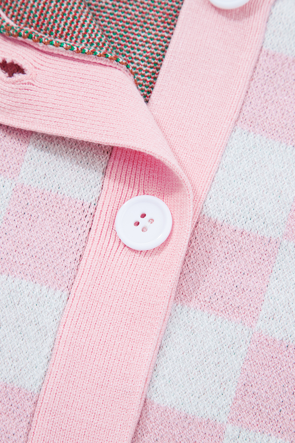 Women's Pink Checkered Christmas Tree Cardigan – Cozy V Neck Sweater for Festive Daily Wear - Detail View 10 Women's Pink Checkered Christmas Tree Cardigan – Cozy V Neck Sweater for Festive Daily Wear - Detail View 10