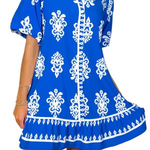 Women's Blue Ethnic Geometric Print Mini Dress – Short Puff Sleeve Vacation Essential - Main View