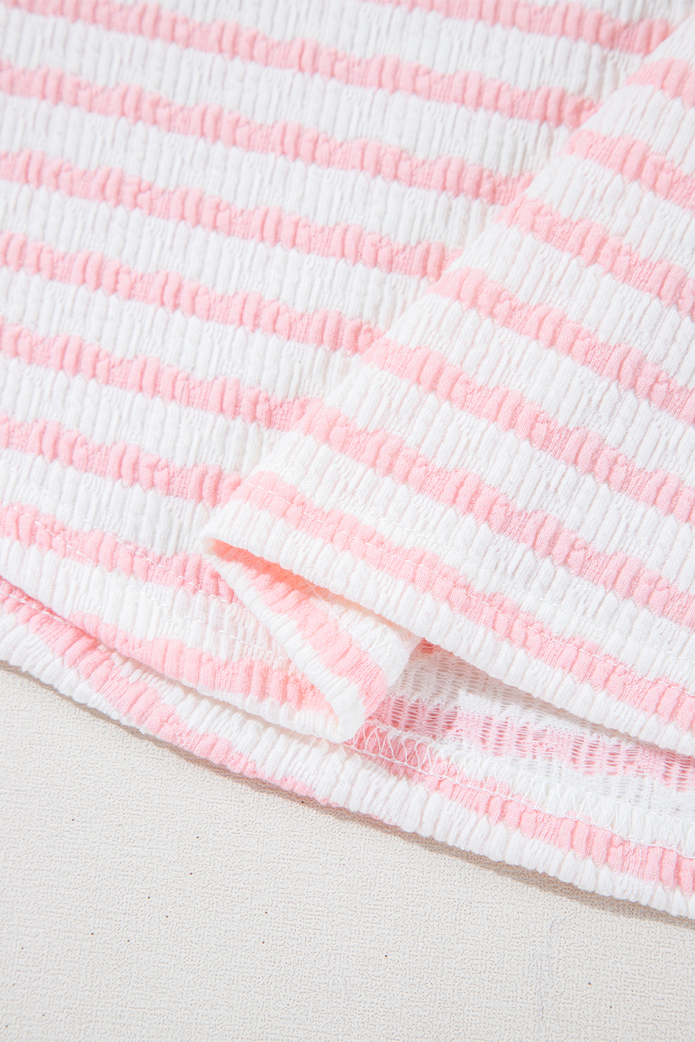 Chic Pink Stripe Knitted Short Sleeve Top and Drawstring Shorts Set for Women - Detail View 17 Chic Pink Stripe Knitted Short Sleeve Top and Drawstring Shorts Set for Women - Detail View 17