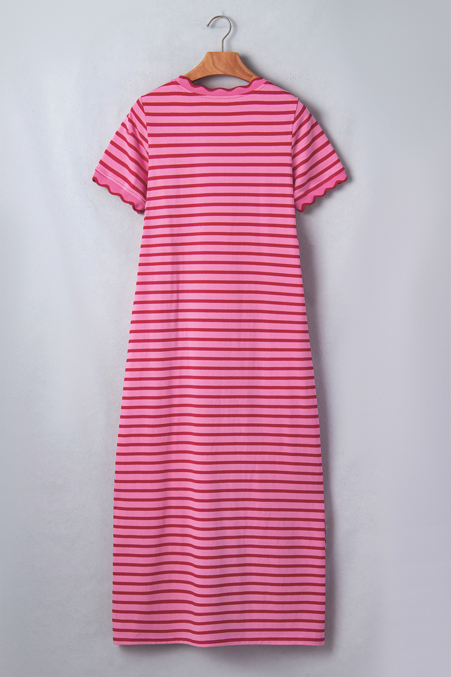 Women's Rose Stripe Short Sleeve T-Shirt Dress – Casual Side Slit Maxi Dress for Daily Wear - Detail View 7 Women's Rose Stripe Short Sleeve T-Shirt Dress – Casual Side Slit Maxi Dress for Daily Wear - Detail View 7