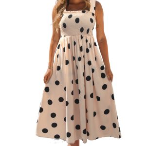 Women's Oatmeal Polka Dot Smocked Fit & Flared Sleeveless Long Dress - Main View