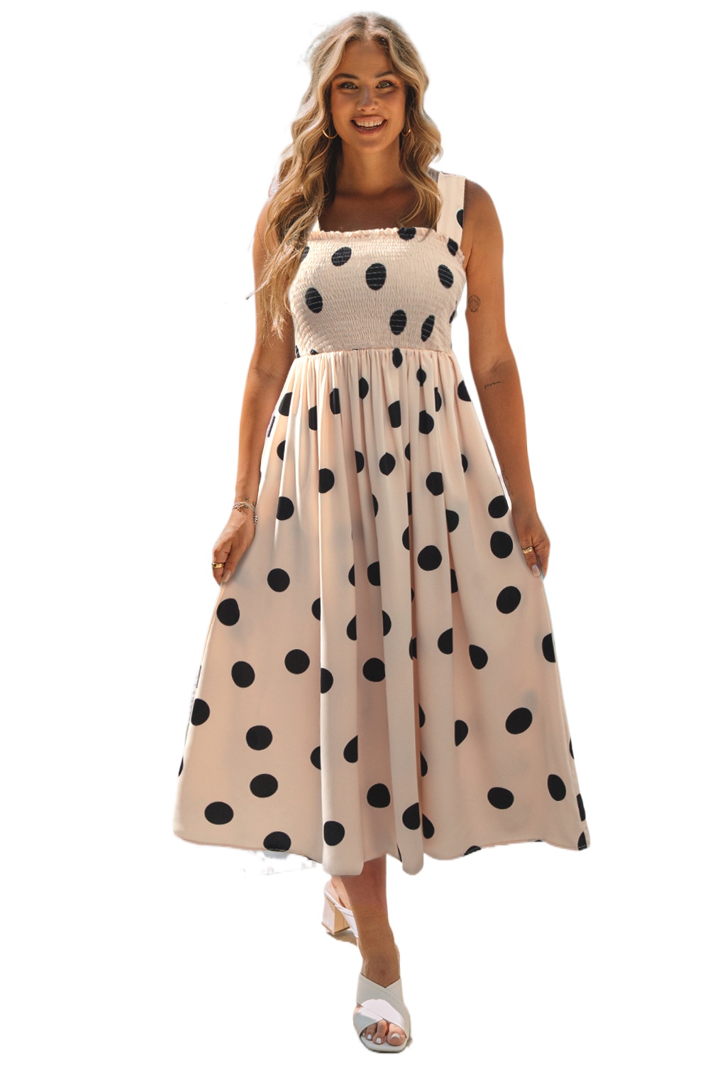 Women's Oatmeal Polka Dot Smocked Fit & Flared Sleeveless Long Dress - Main View Women's Oatmeal Polka Dot Smocked Fit & Flared Sleeveless Long Dress - Main View