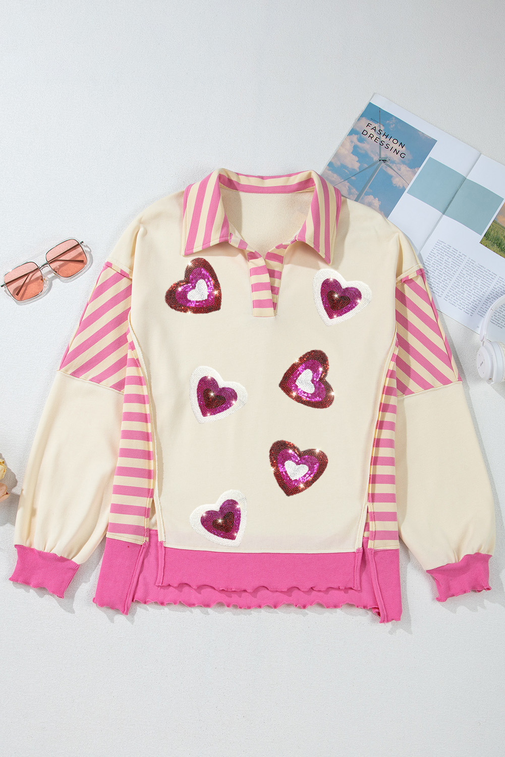 Trendy Pink Stripe Graphic Top - Long Sleeve Collared Design with Split Detail - Detail View 6 Trendy Pink Stripe Graphic Top - Long Sleeve Collared Design with Split Detail - Detail View 6