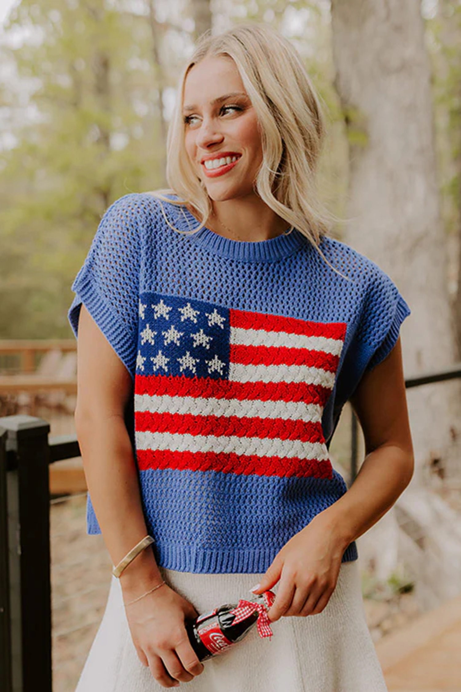 Casual Sky Blue Short Sleeve Sweater with Flag Graphic – Stylish Summer Top for Everyday Wear - Detail View 12 Casual Sky Blue Short Sleeve Sweater with Flag Graphic – Stylish Summer Top for Everyday Wear - Detail View 12