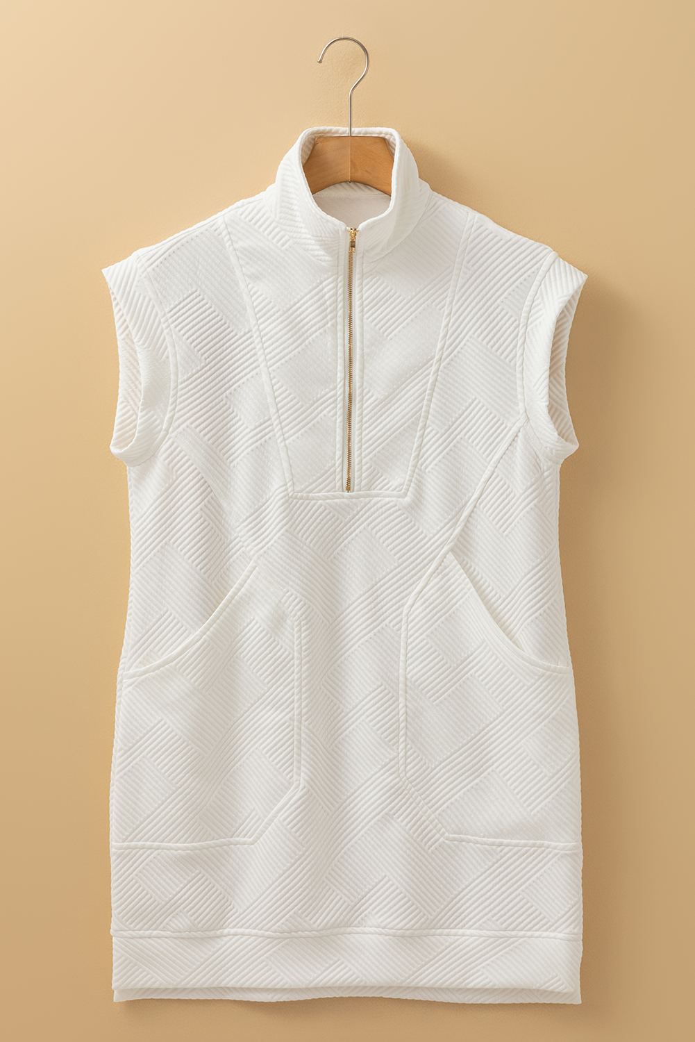 Women's Mini Dress, White Dress, Textured Fabric, Half Zip, Collared Neck, Cap Sleeves, Casual Style, Daily Wear, Summer Fashion, Side Pockets, Unique Design, Shift Silhouette, Comfortable, Solid Color - Detail View 4 Women's Mini Dress, White Dress, Textured Fabric, Half Zip, Collared Neck, Cap Sleeves, Casual Style, Daily Wear, Summer Fashion, Side Pockets, Unique Design, Shift Silhouette, Comfortable, Solid Color - Detail View 4