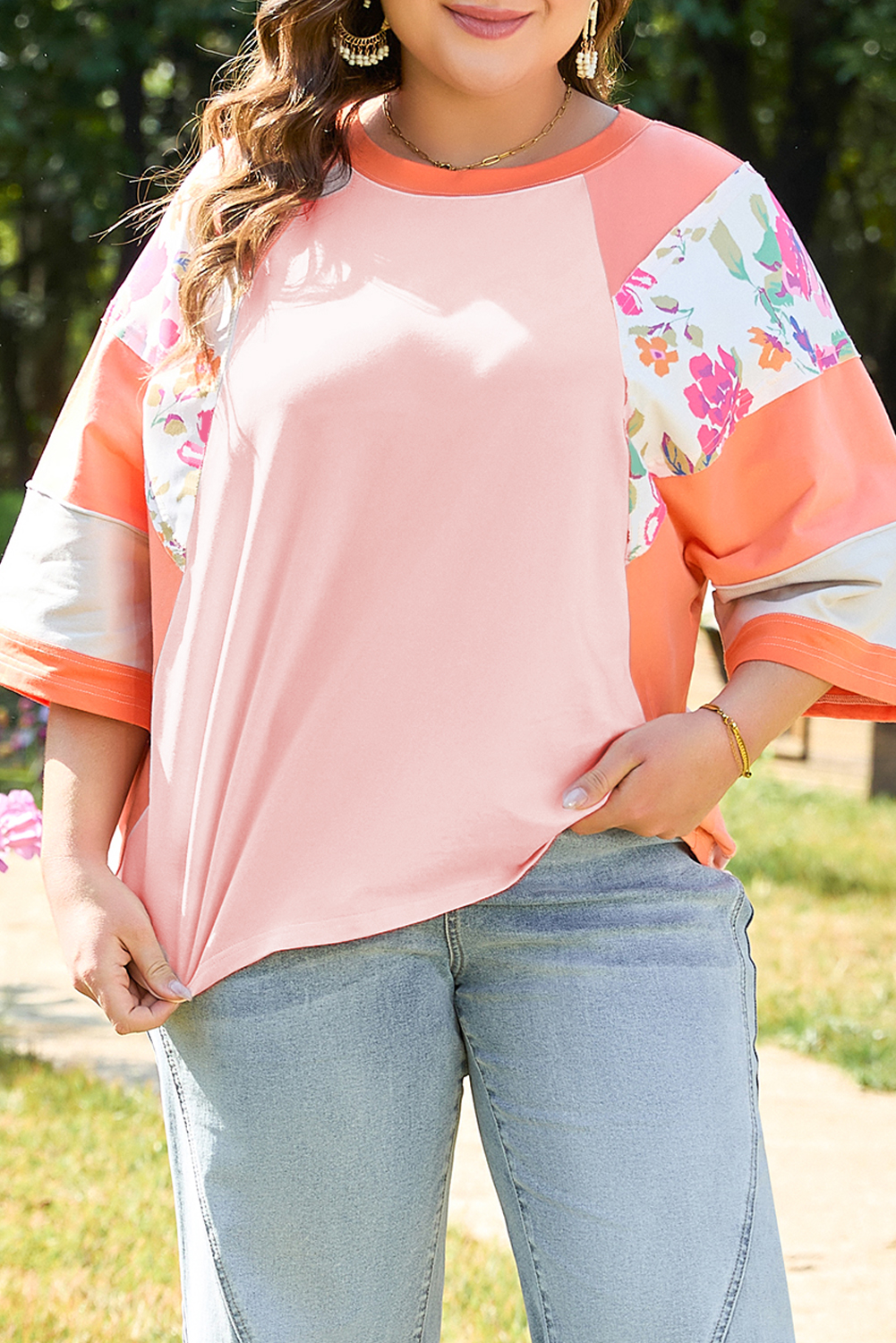Plus Size Top, Women's Top, Orange Floral Print, Patchwork Design, Raglan Half Sleeve, Casual Wear, Comfortable Fit, Daily Style, Vibrant Colors, Relaxed Silhouette, Trendy Fashion, Summer Tops, Shift Style, Round Neck - Detail View 8 Plus Size Top, Women's Top, Orange Floral Print, Patchwork Design, Raglan Half Sleeve, Casual Wear, Comfortable Fit, Daily Style, Vibrant Colors, Relaxed Silhouette, Trendy Fashion, Summer Tops, Shift Style, Round Neck - Detail View 8