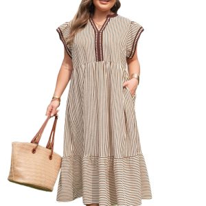 Women's Plus Size Brown Stripe Maxi Dress – Casual V Neck Tiered Flutter Sleeve Shift Dress - Main View