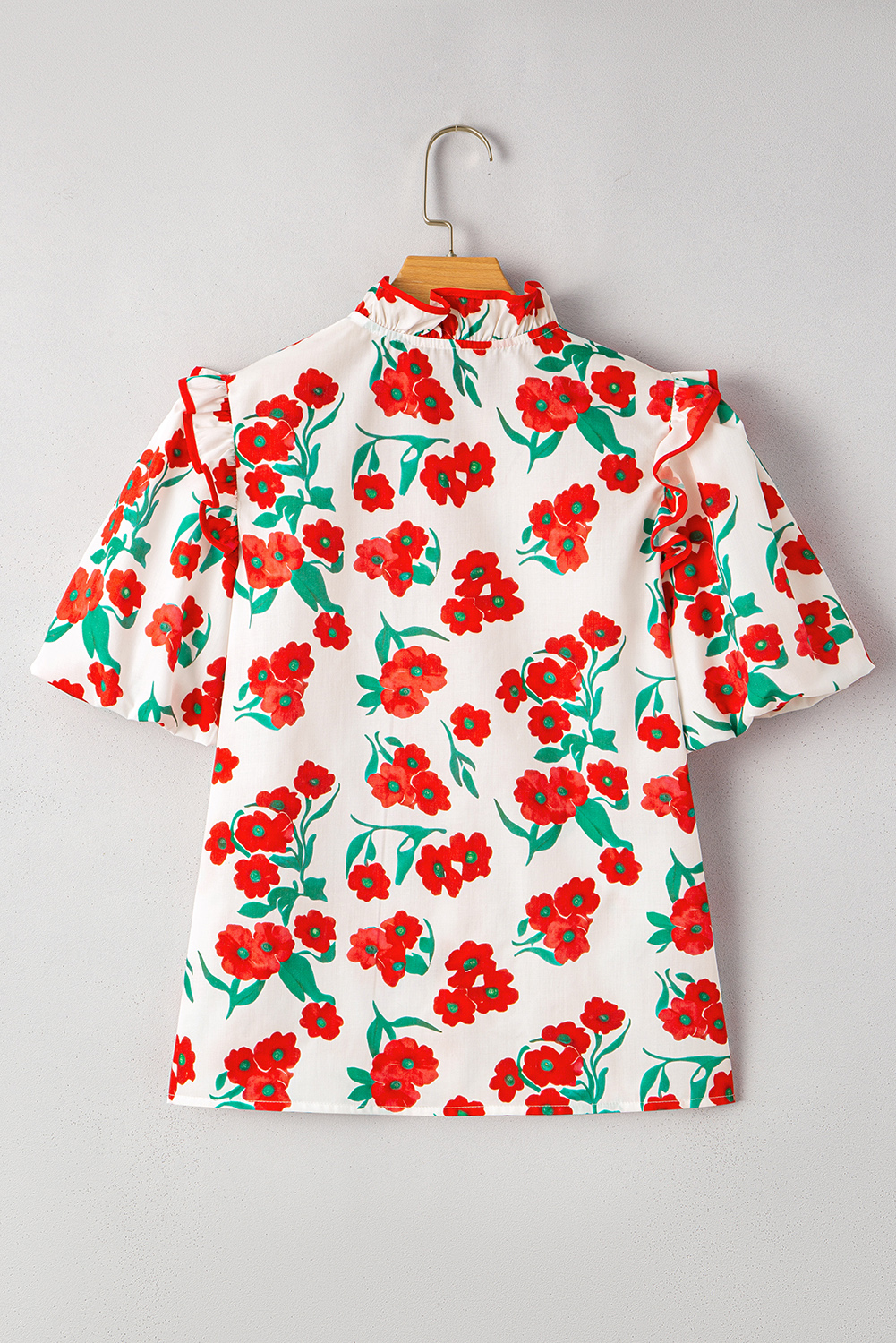 Women's Shirt, Red Floral Print, Ruffled Details, Puff Sleeve, Elegant Summer Shirt, Casual Wear, Short Sleeve Blouse, Trendy Style, Feminine Silhouette, Versatile Top, Daily Wear, 100% Polyester, Tops, Blouses & Shirts - Detail View 4 Women's Shirt, Red Floral Print, Ruffled Details, Puff Sleeve, Elegant Summer Shirt, Casual Wear, Short Sleeve Blouse, Trendy Style, Feminine Silhouette, Versatile Top, Daily Wear, 100% Polyester, Tops, Blouses & Shirts - Detail View 4