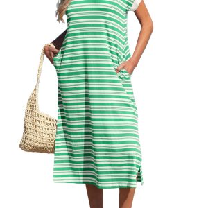 Women's Green Striped Midi Dress – Short Sleeve Collared Shift Dress for Summer Daily Wear - Main View