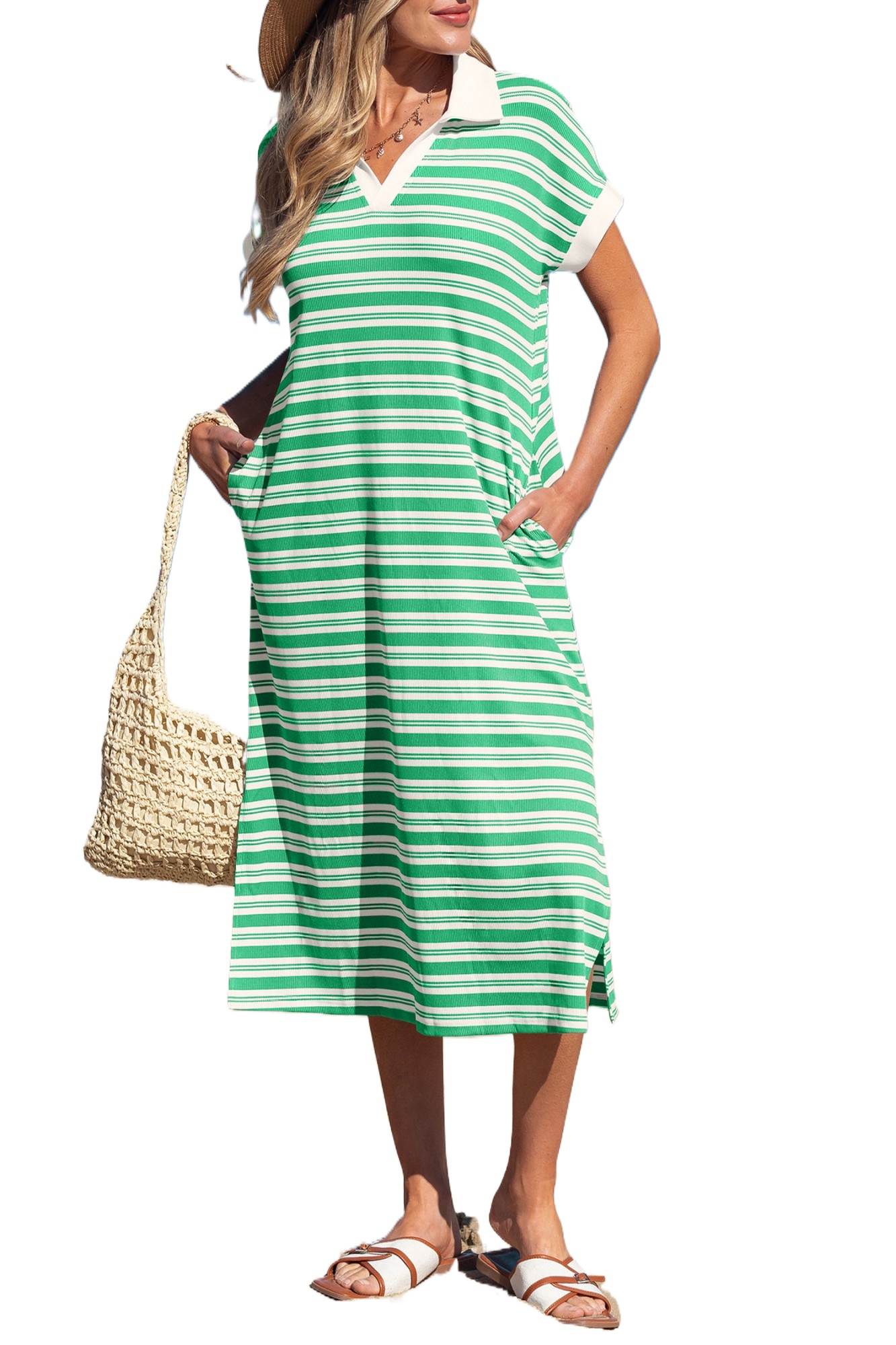 Women's Green Striped Midi Dress – Short Sleeve Collared Shift Dress for Summer Daily Wear - Main View Women's Green Striped Midi Dress – Short Sleeve Collared Shift Dress for Summer Daily Wear - Main View