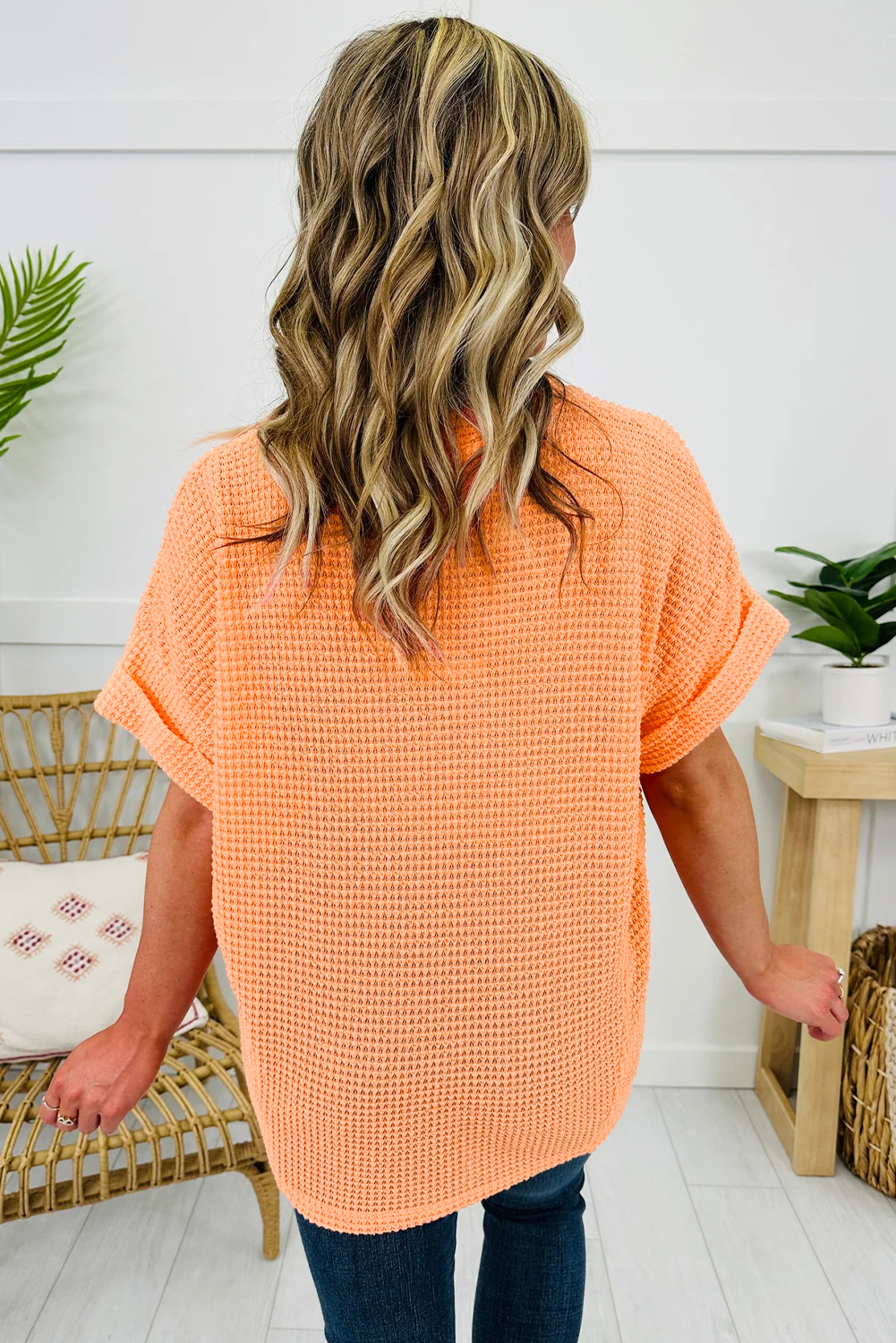 Women's Grapefruit Orange Waffle Knit Summer Shirt - Detail View 2 Women's Grapefruit Orange Waffle Knit Summer Shirt - Detail View 2