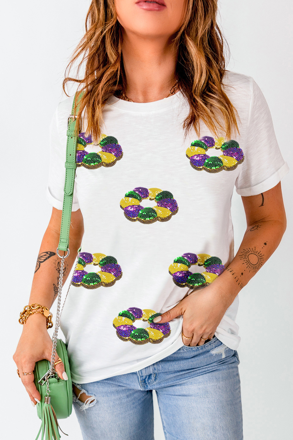 Stylish White Crew Neck Top with Colorful Mardi Gras Sequin Design - Detail View 6 Stylish White Crew Neck Top with Colorful Mardi Gras Sequin Design - Detail View 6