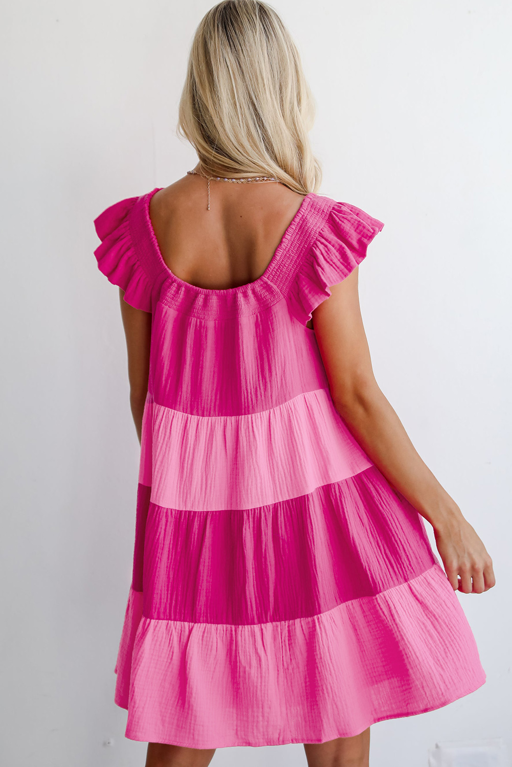 Flattering Short A-Line Dress with Smocked Square Neck and Flutter Details - Detail View 2 Flattering Short A-Line Dress with Smocked Square Neck and Flutter Details - Detail View 2