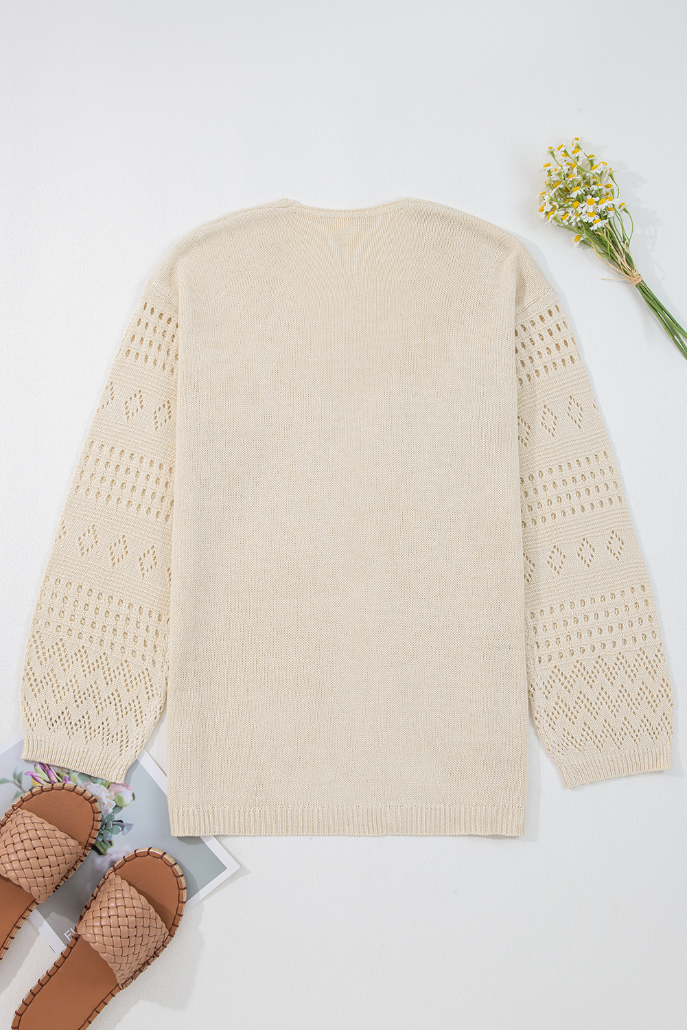 Women's Smoke Gray Hollowed Knit Open Front Cardigan Sweater - Casual Long Sleeve - Detail View 5 Women's Smoke Gray Hollowed Knit Open Front Cardigan Sweater - Casual Long Sleeve - Detail View 5