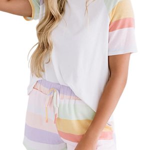 Women's White Rainbow Striped T-Shirt and Drawstring Shorts Set - Main View