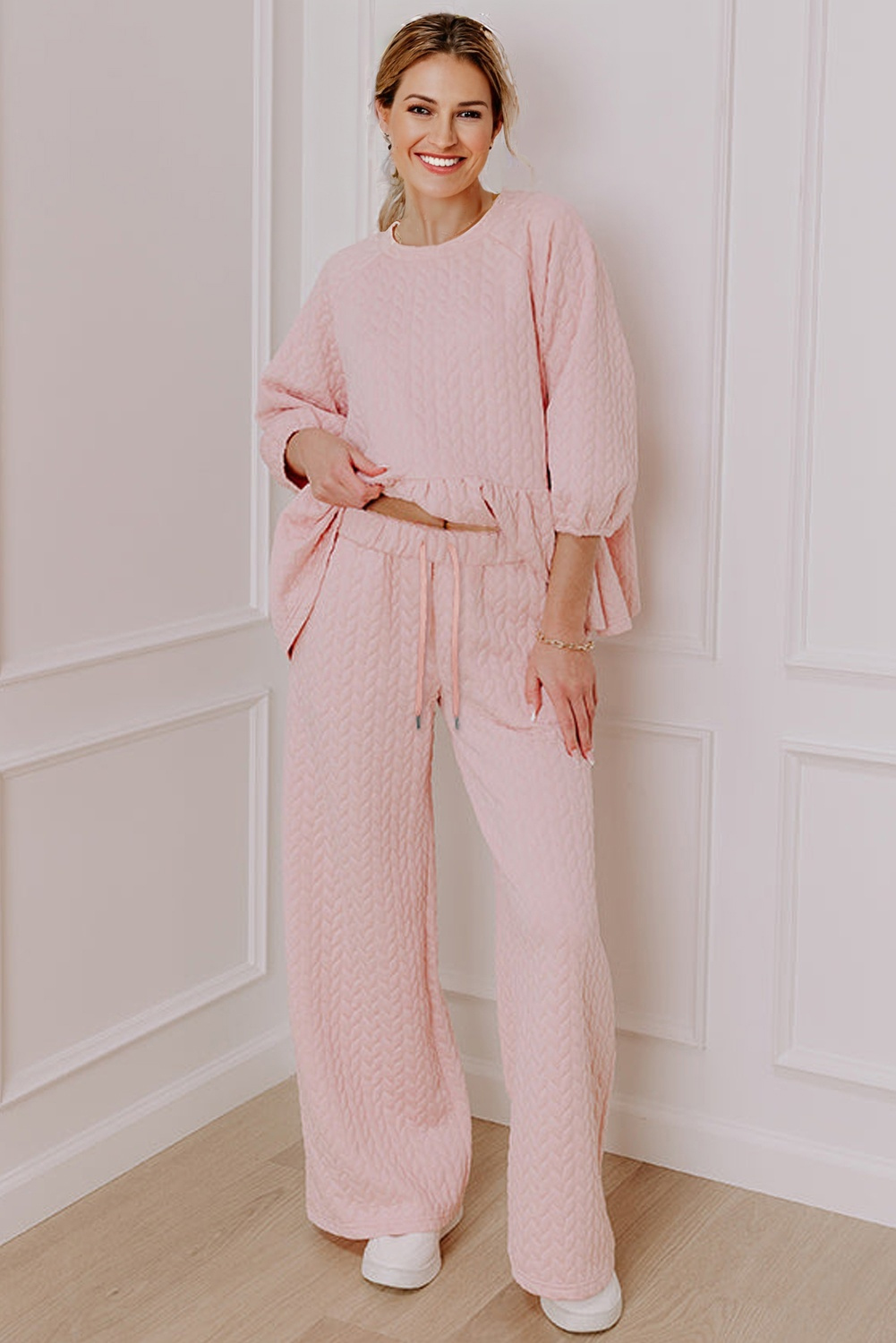 Women's Wide Leg Pant Set, Textured Ruffle Hem Lounge Suit - Detail View 2 Women's Wide Leg Pant Set, Textured Ruffle Hem Lounge Suit - Detail View 2