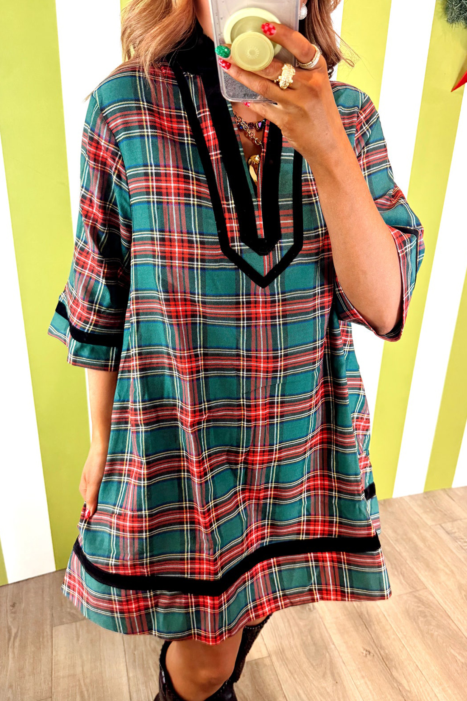 Short Plaid Velvet Trim Dress, Women's Casual Half Sleeve - Detail View 3 Short Plaid Velvet Trim Dress, Women's Casual Half Sleeve - Detail View 3