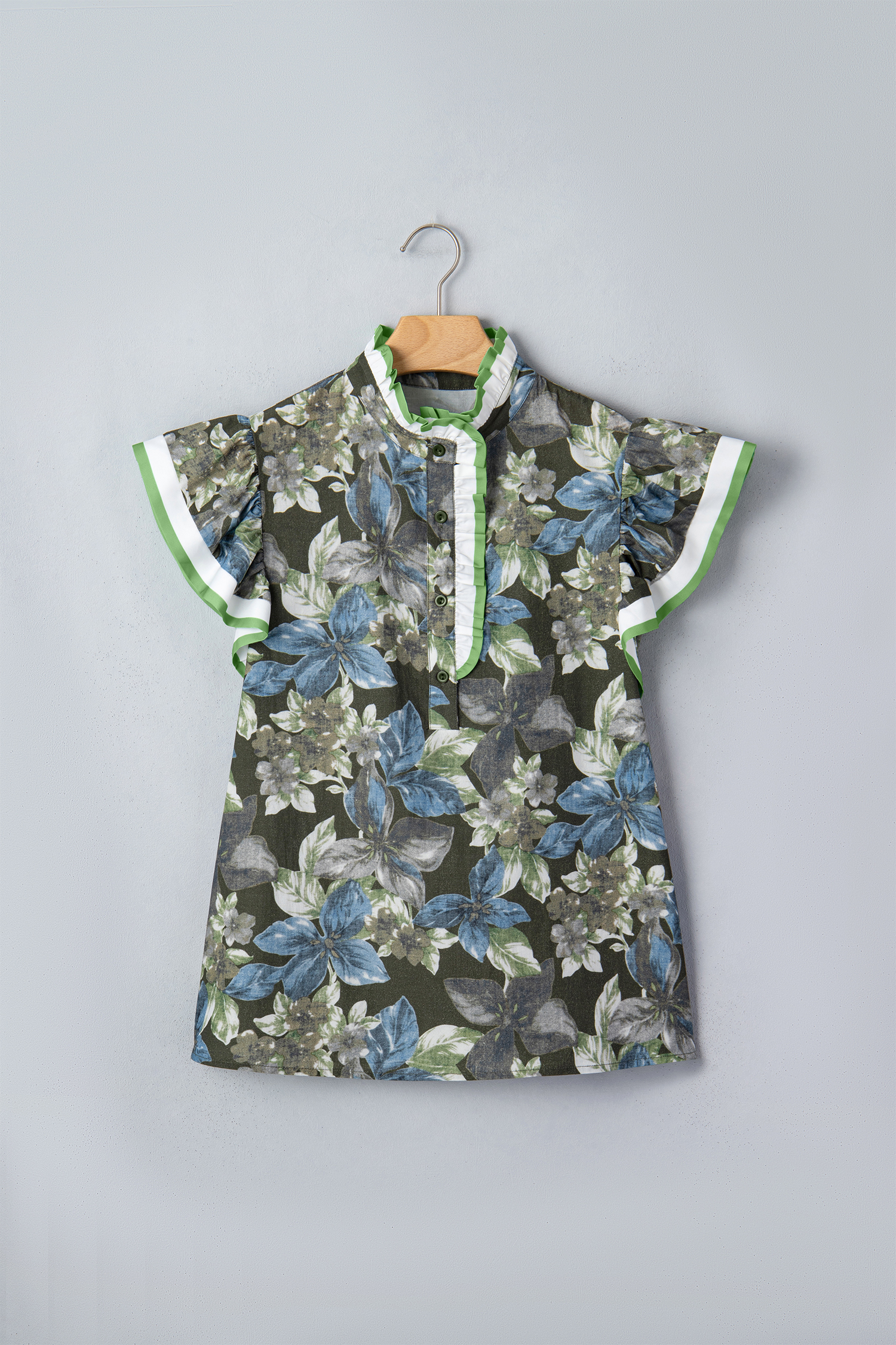 Professional Green Floral Print Blouse for Women – Stand Neck Ruffled Short Sleeve Office Top - Detail View 2 Professional Green Floral Print Blouse for Women – Stand Neck Ruffled Short Sleeve Office Top - Detail View 2