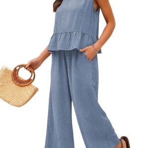 Women's Beau Blue Solid Color Ribbed Ruffle Tank Top and Pants Set - Main View