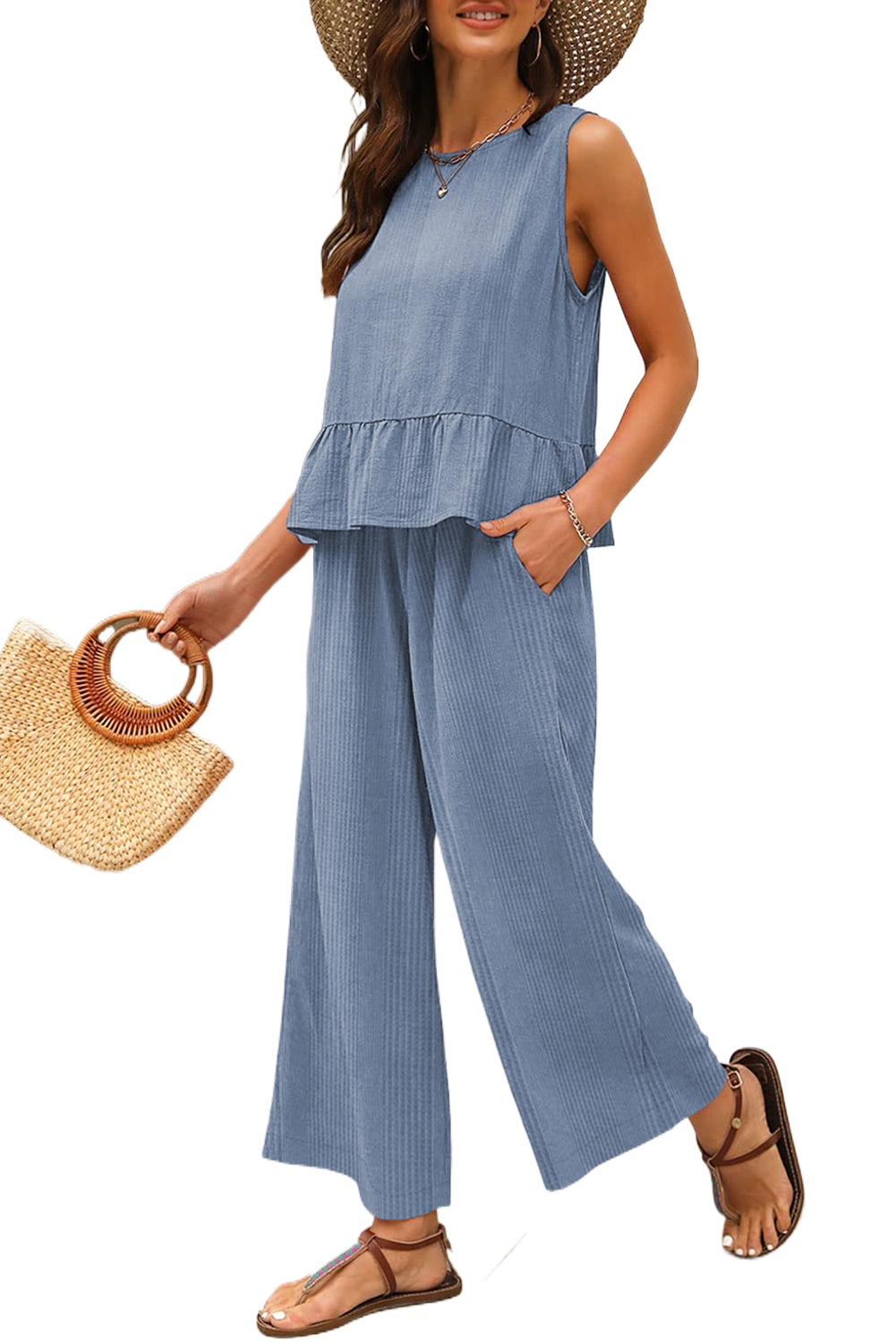 Women's Beau Blue Solid Color Ribbed Ruffle Tank Top and Pants Set - Main View Women's Beau Blue Solid Color Ribbed Ruffle Tank Top and Pants Set - Main View