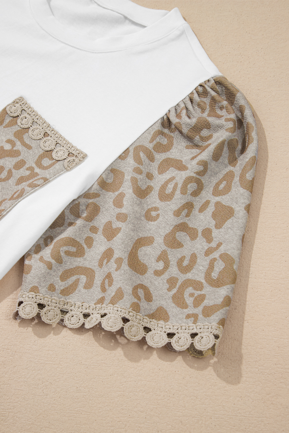 Women's T-Shirt, White Leopard Print, Puff Sleeve, Crochet Lace Trim, Round Neck, Elegant Style, Daily Wear, Summer Fashion, Stylish Tee, Eye-Catching Design, Functional Chest Pocket, Shift Silhouette, Tops & Tees - Detail View 16 Women's T-Shirt, White Leopard Print, Puff Sleeve, Crochet Lace Trim, Round Neck, Elegant Style, Daily Wear, Summer Fashion, Stylish Tee, Eye-Catching Design, Functional Chest Pocket, Shift Silhouette, Tops & Tees - Detail View 16