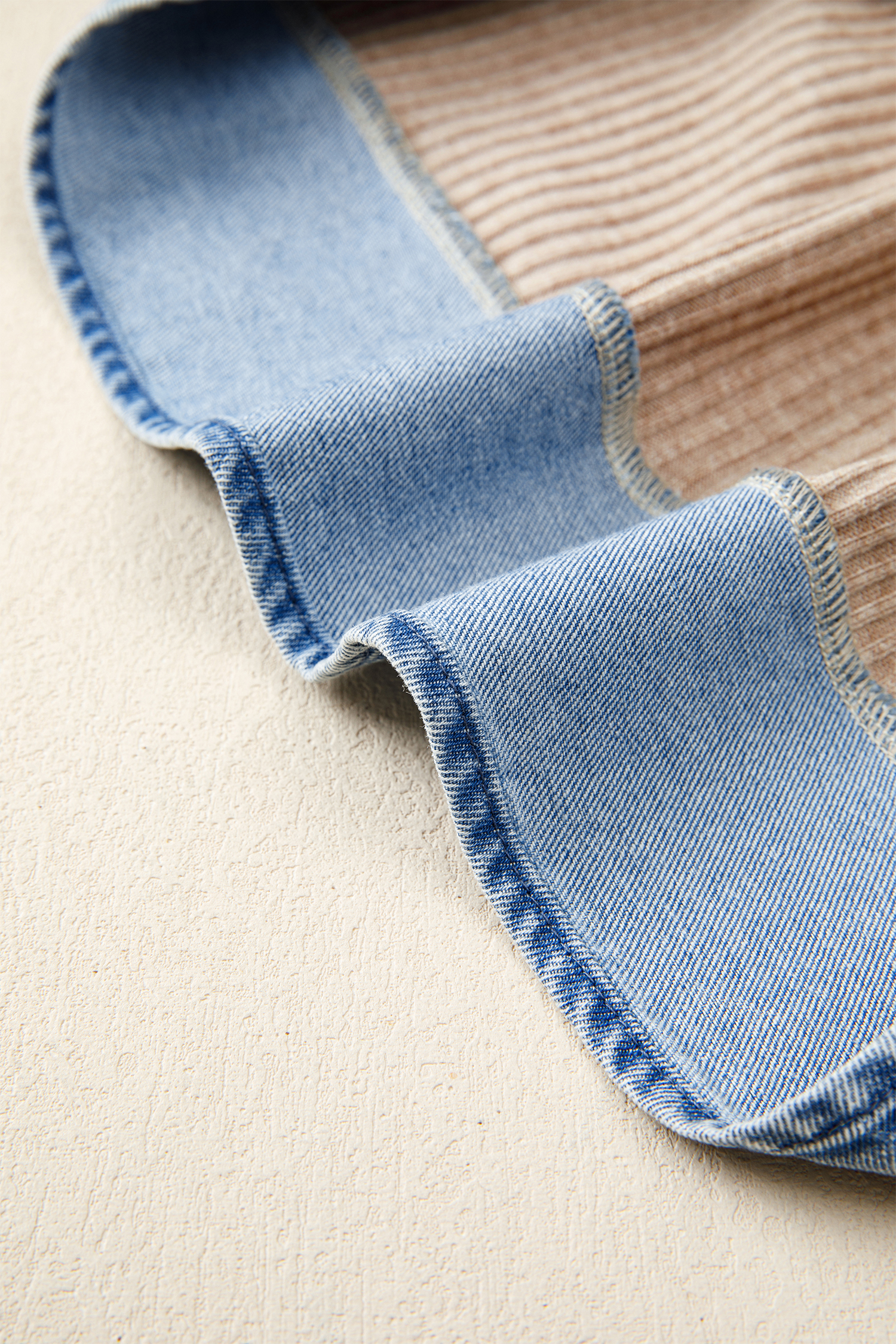 Chic Beige Color Block Patchwork Top for Women – Ribbed Knit Denim V-Neck Blouse, Versatile Summer Gift - Detail View 9 Chic Beige Color Block Patchwork Top for Women – Ribbed Knit Denim V-Neck Blouse, Versatile Summer Gift - Detail View 9