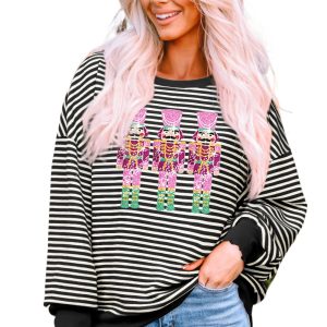 Women's Black Stripe Sequined Nutcracker Doll Long Sleeve Graphic Top - Main View