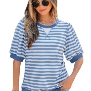 Women's Striped Puff Sleeve T-Shirt – Sky Blue Casual Round Neck Bubble Sleeve Top - Main View