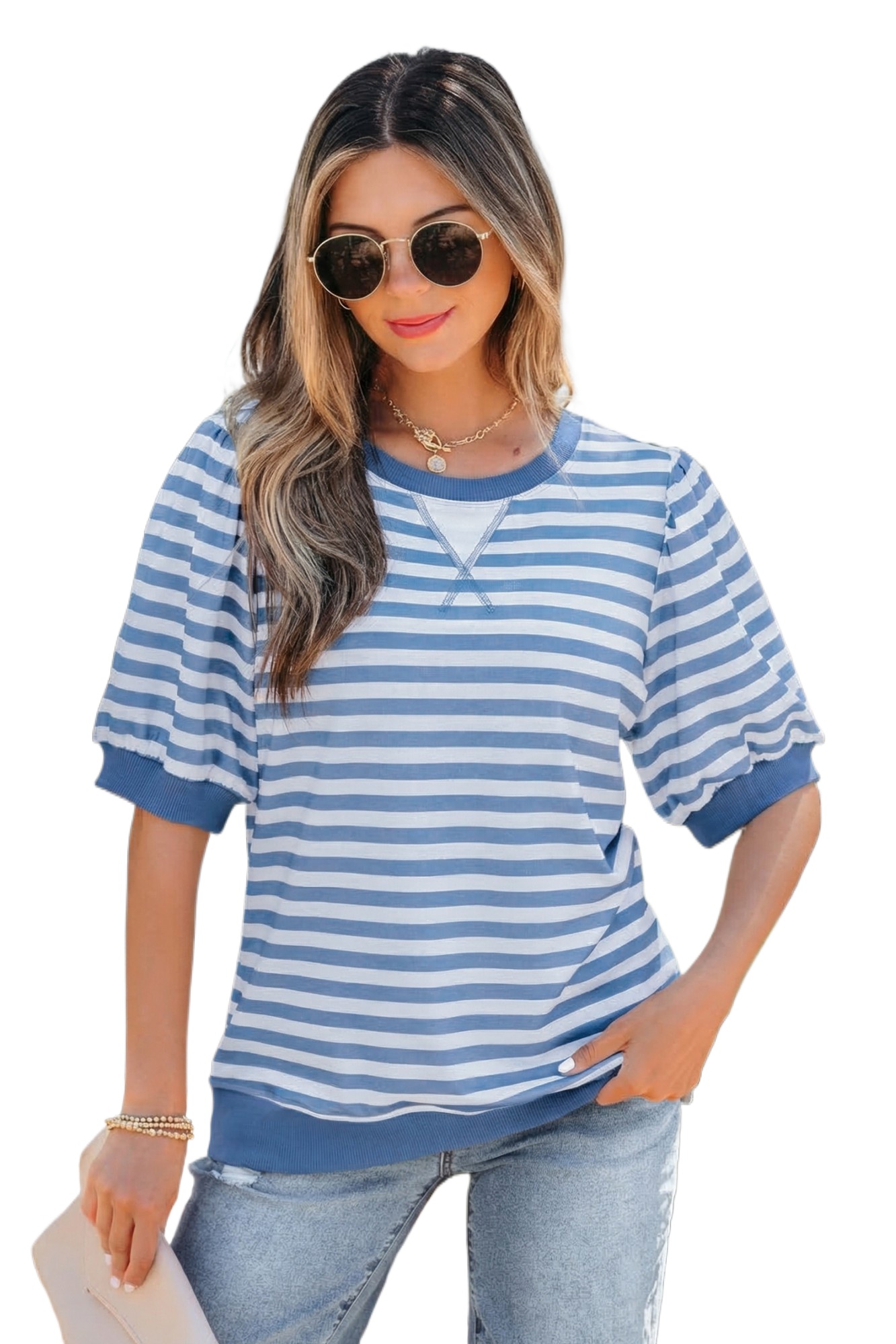 Women's Striped Puff Sleeve T-Shirt – Sky Blue Casual Round Neck Bubble Sleeve Top - Main View Women's Striped Puff Sleeve T-Shirt – Sky Blue Casual Round Neck Bubble Sleeve Top - Main View