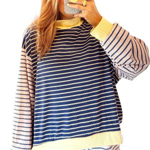 Women's Striped Pullover Set, Long Sleeve Casual Lounge Wear - Main View