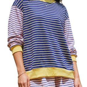 Women's Striped Pullover Top, Casual Long Sleeve Colorblock - Main View