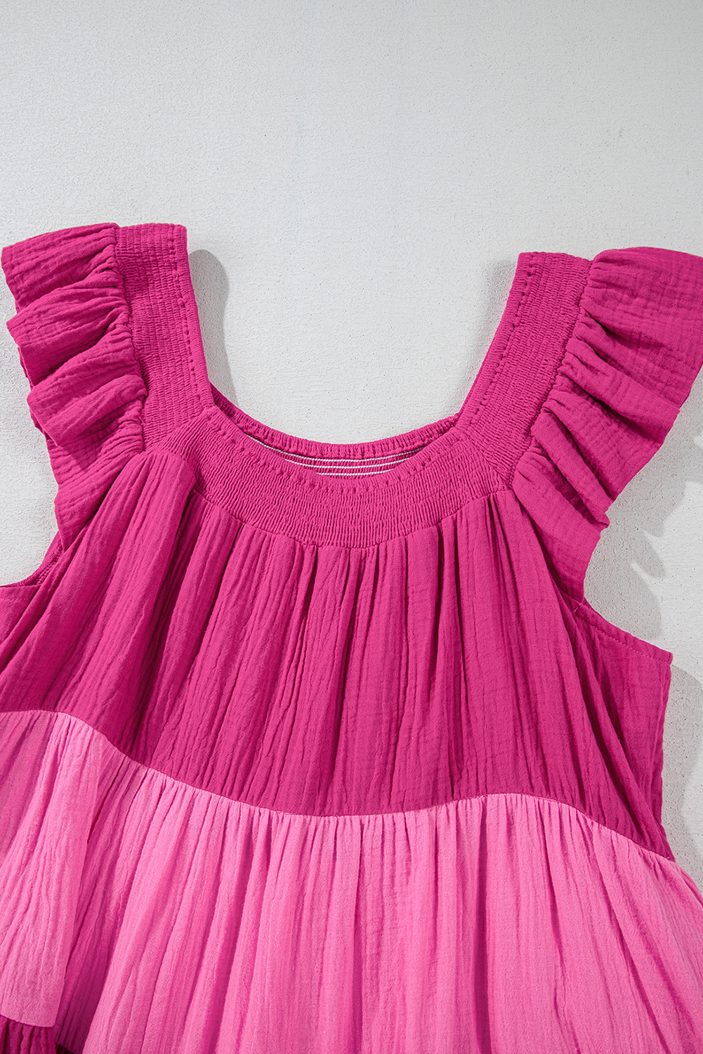 Casual Summer Mini Dress: Pink Color Block Design with Tiered Silhouette - Detail View 11 Casual Summer Mini Dress: Pink Color Block Design with Tiered Silhouette - Detail View 11