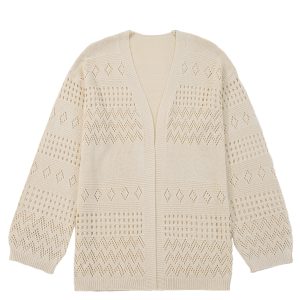Women's Smoke Gray Hollowed Knit Open Front Cardigan Sweater - Casual Long Sleeve - Main View