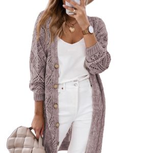 Chic Purple Hollow-out Openwork Knit Cardigan for Fall & Autumn - Main View