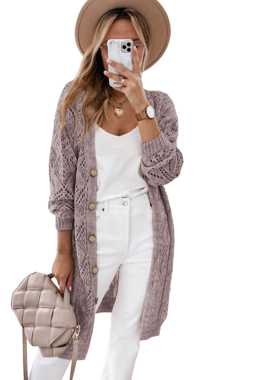 Chic Purple Hollow-out Openwork Knit Cardigan for Fall & Autumn - Main View Chic Purple Hollow-out Openwork Knit Cardigan for Fall & Autumn - Main View