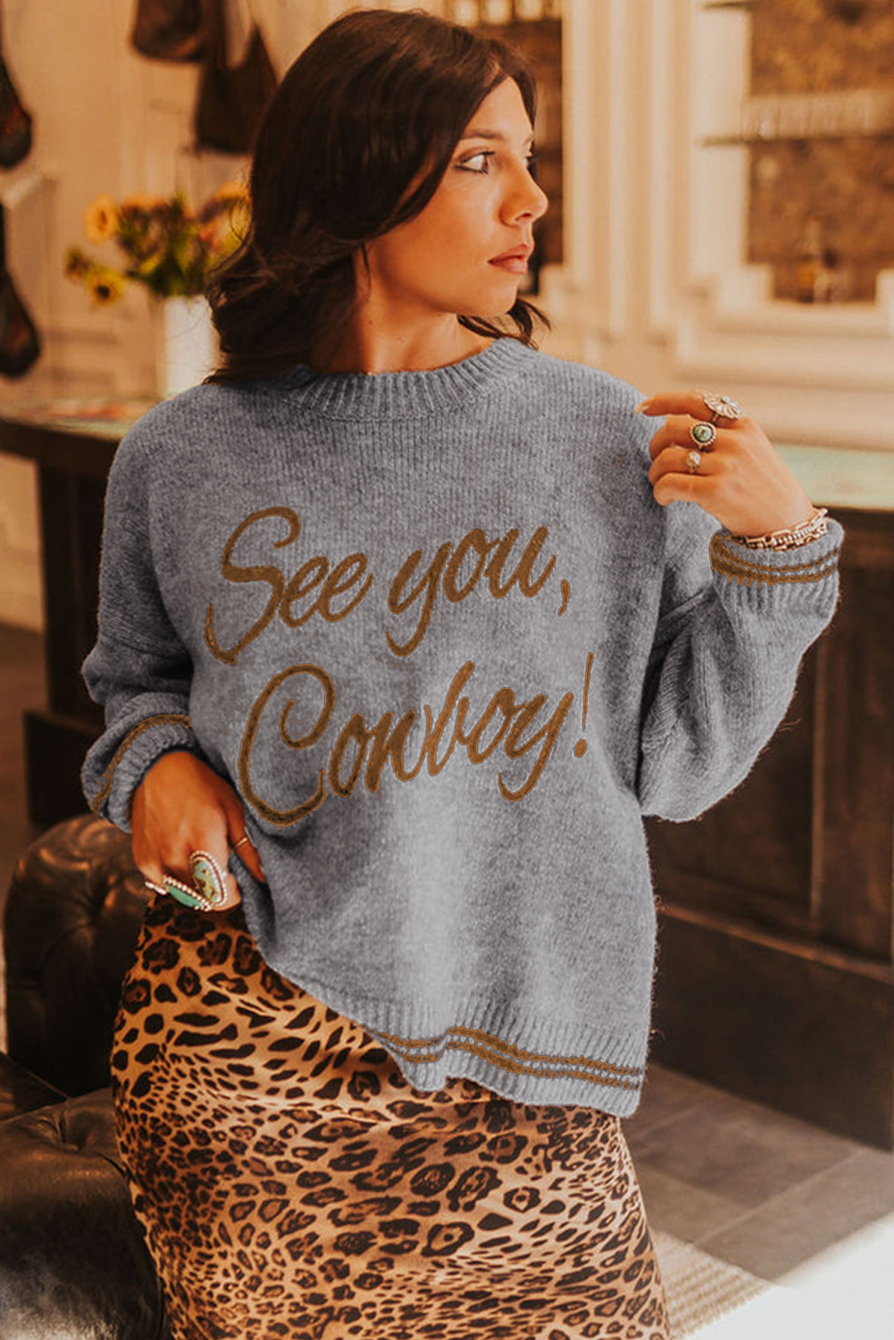 Women's Light Grey Western Graphic Sweater with 'See You Cowboy' Embroidery - Detail View 5 Women's Light Grey Western Graphic Sweater with 'See You Cowboy' Embroidery - Detail View 5