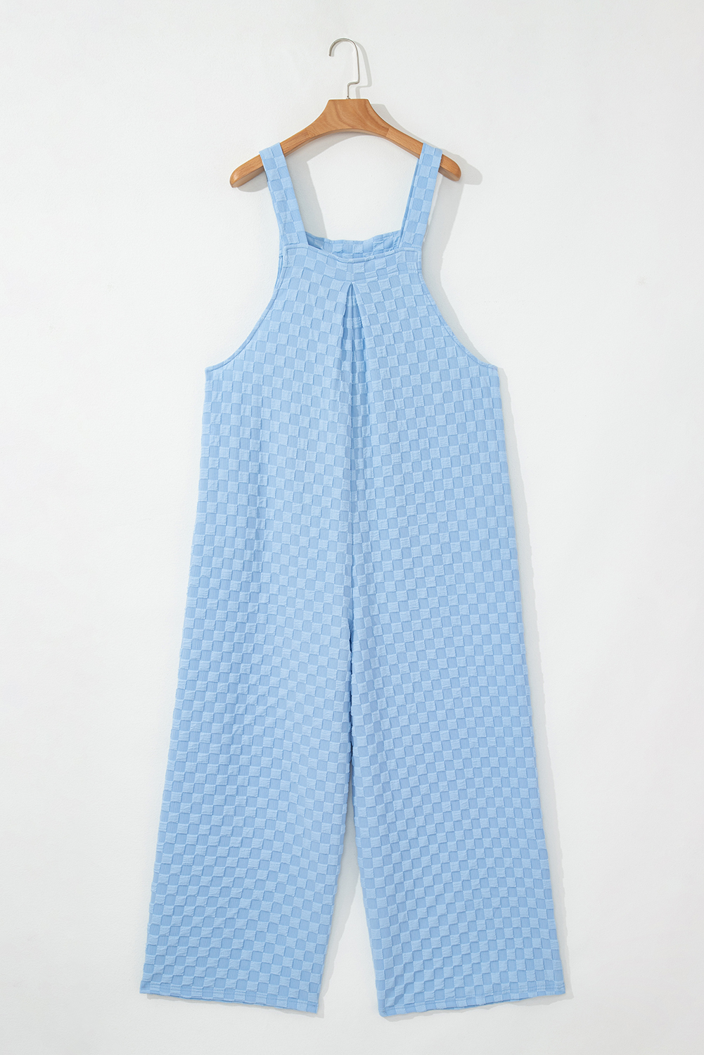 Women's Beau Blue Overall, Textured Plaid Wide Leg Jumpsuit - Detail View 7 Women's Beau Blue Overall, Textured Plaid Wide Leg Jumpsuit - Detail View 7
