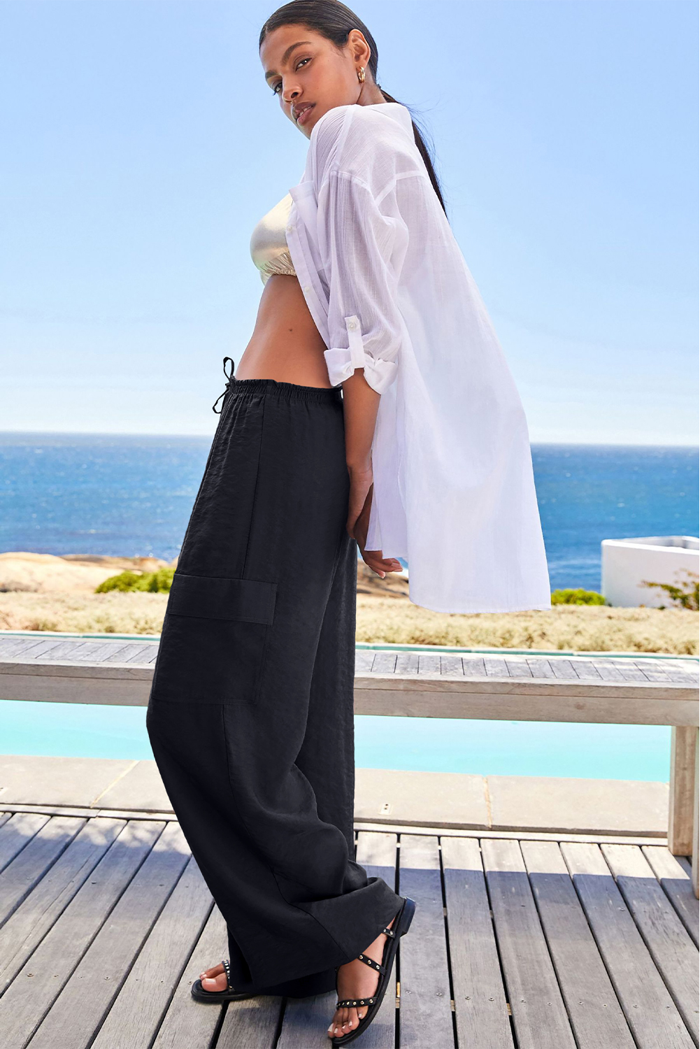 Women's Trousers, Black Pants, Drawstring Waist, Frilled Waist, Wide Leg, Utility Pants, Casual Style, High Waist, Flap Cargo Pockets, Solid Color, Outdoor Wear, Daily Use, Vacation Style, Comfortable Fit, Easy to Match - Detail View 12 Women's Trousers, Black Pants, Drawstring Waist, Frilled Waist, Wide Leg, Utility Pants, Casual Style, High Waist, Flap Cargo Pockets, Solid Color, Outdoor Wear, Daily Use, Vacation Style, Comfortable Fit, Easy to Match - Detail View 12