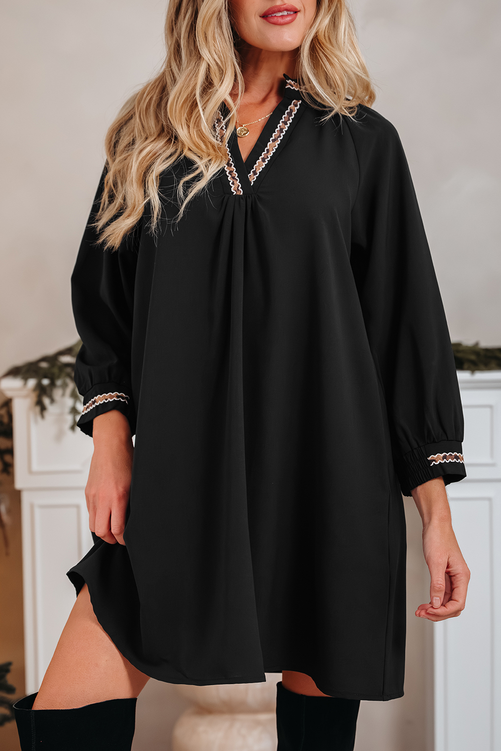 Women's Black V-Neck Shift Mini Dress with Bracelet Sleeves for Daily Wear - Detail View 7 Women's Black V-Neck Shift Mini Dress with Bracelet Sleeves for Daily Wear - Detail View 7