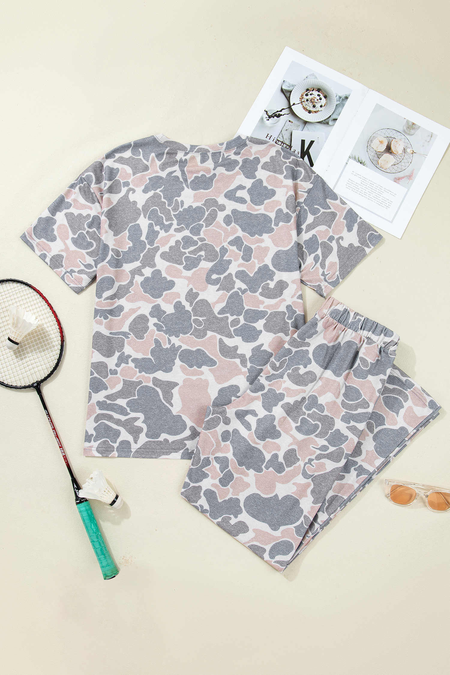 Women's Multicolour Camo Summer Outfit – Short Sleeve Shift Top and High Waist Wide Leg Set - Detail View 5 Women's Multicolour Camo Summer Outfit – Short Sleeve Shift Top and High Waist Wide Leg Set - Detail View 5