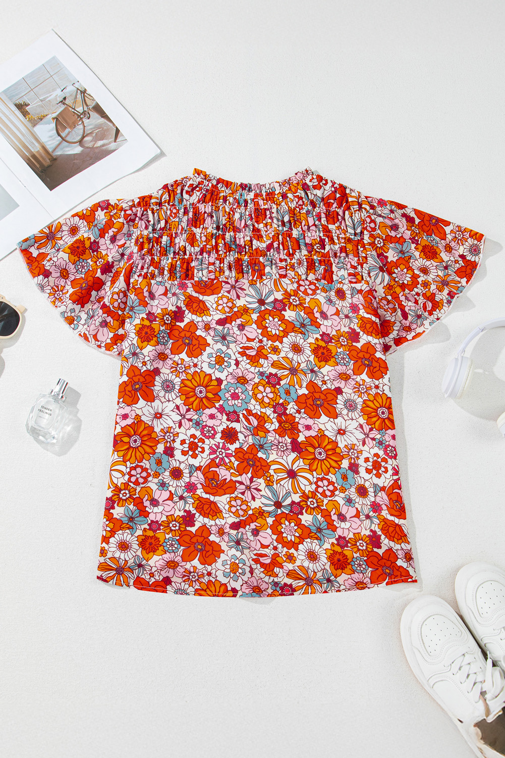 Casual Floral V-Neck Blouse – Women's Summer Pleated Top - Detail View 8 Casual Floral V-Neck Blouse – Women's Summer Pleated Top - Detail View 8