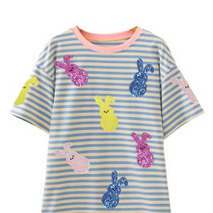 Sky Blue Stripe Sequin Bunny Patched Tee for Women – Casual Summer Style - Main View