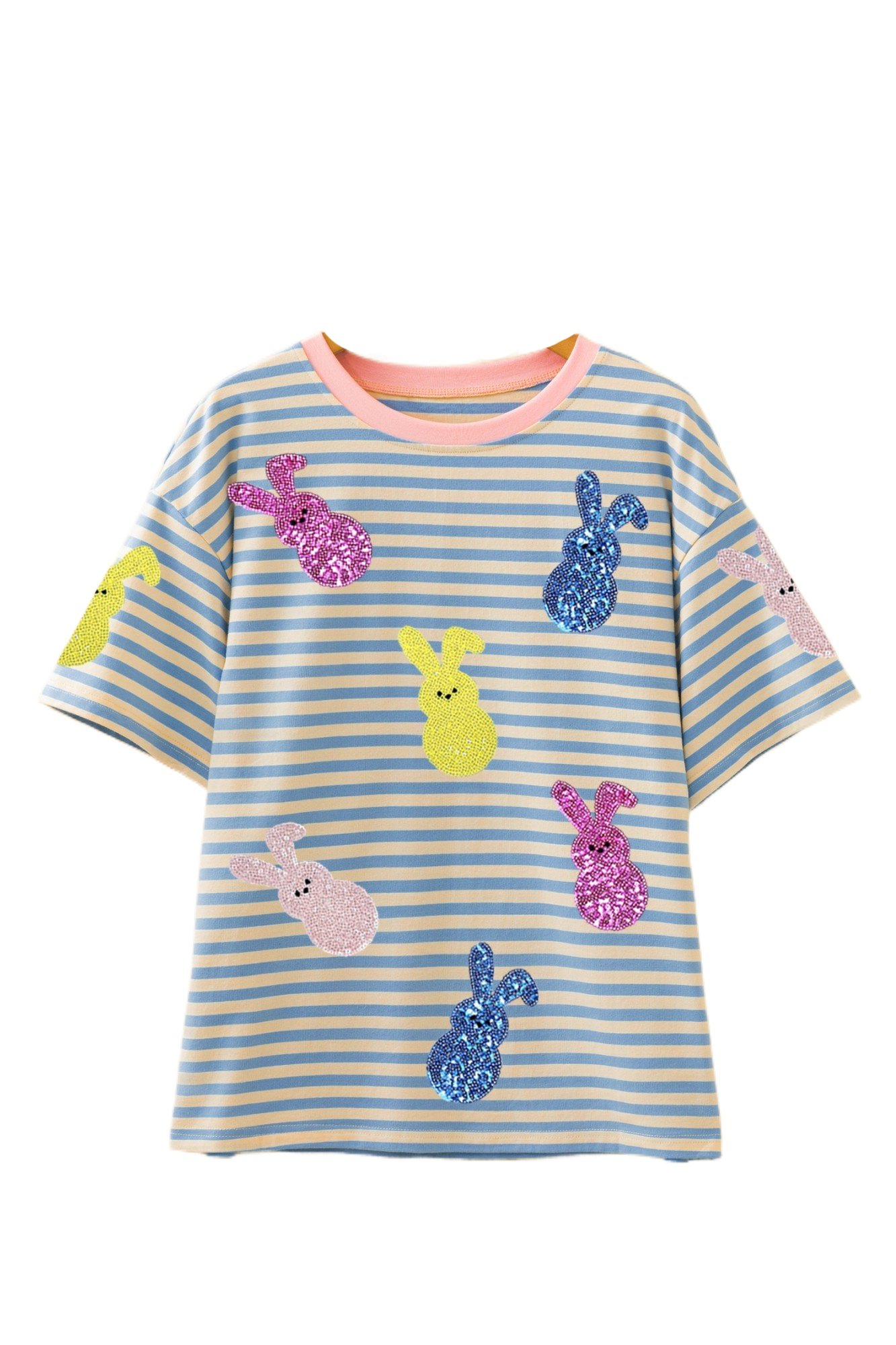 Sky Blue Stripe Sequin Bunny Patched Tee for Women – Casual Summer Style - Main View Sky Blue Stripe Sequin Bunny Patched Tee for Women – Casual Summer Style - Main View