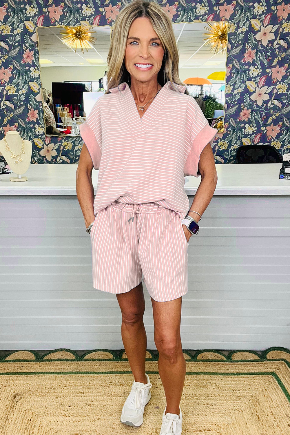 Summer Striped Lounge Set for Women – Comfortable V-Neck Polo and High Waist Shorts - Detail View 8 Summer Striped Lounge Set for Women – Comfortable V-Neck Polo and High Waist Shorts - Detail View 8