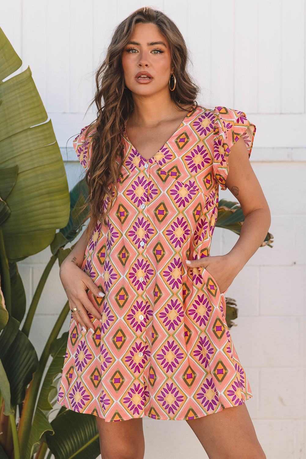 Women's Dress, Orange Mini Dress, Geometric Floral, V Neck, Ruffled Sleeves, Buttoned Detail, Casual Wear, Bohemian Style, Daily Dress, Summer Fashion, Flattering Fit, Playful Design, H-Line Silhouette, Short Sleeve, Stylish Outfit, Elegant Look - Detail View 4 Women's Dress, Orange Mini Dress, Geometric Floral, V Neck, Ruffled Sleeves, Buttoned Detail, Casual Wear, Bohemian Style, Daily Dress, Summer Fashion, Flattering Fit, Playful Design, H-Line Silhouette, Short Sleeve, Stylish Outfit, Elegant Look - Detail View 4