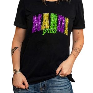 Women's Black Mardi Gras Heat Transfer Graphic Holiday Tee - Sparkling Carnival Design - Main View